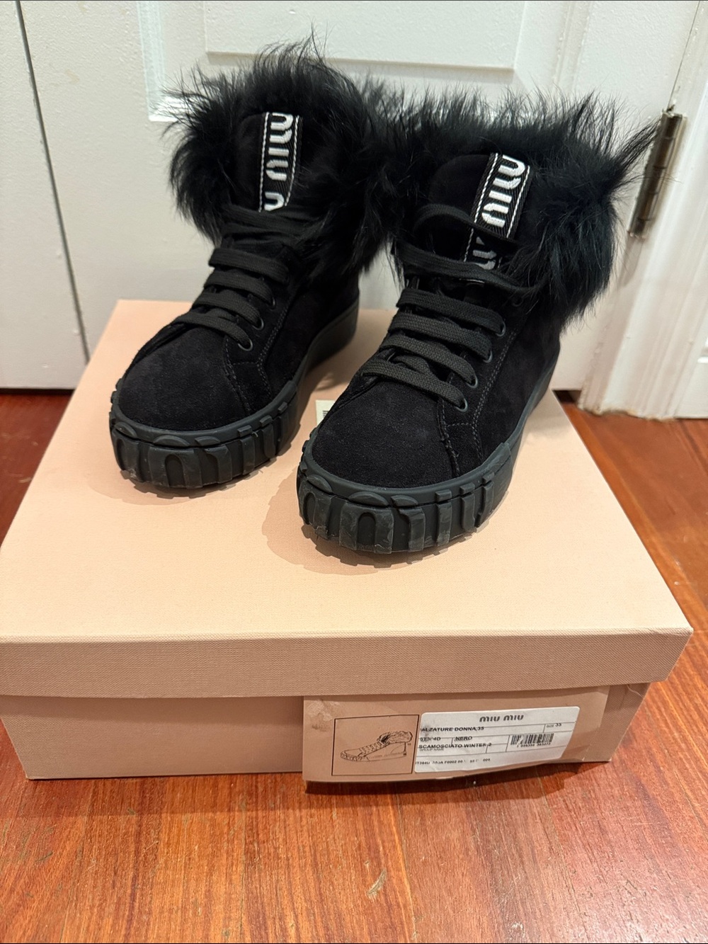 Miu Miu Black Suede Fur-Trim Chunky Sneakers Size 35